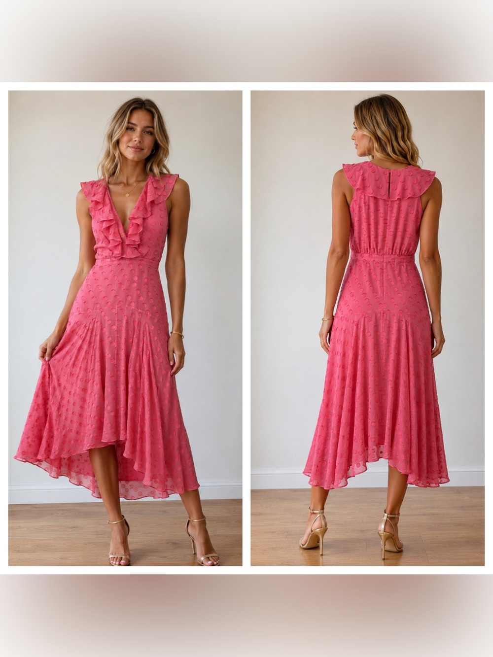 SALONI Rita Large Polka Jacquard Dress in Watermelon Pink